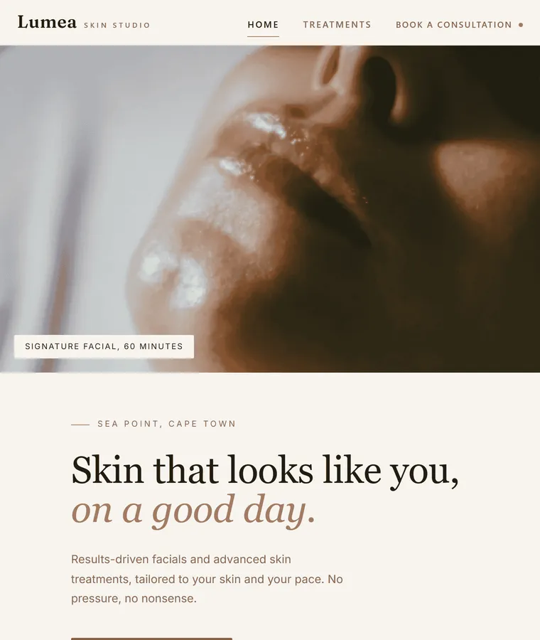 Lumea Skin Studio desktop homepage