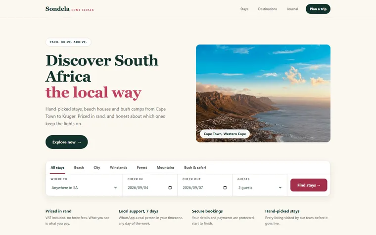 Sondela desktop homepage